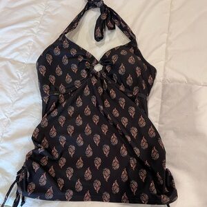 Black Halter Top with Leaf Pattern